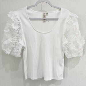 New Anthropologie Lace Embroidered Top Feminine Ribbed Boho Puff Sleeve Coquette